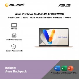 ASUS Vivobook 14 A1404V-APB012WMS Laptop (Intel® Core™ 7 150U | 14”FHD | 16GB RAM | 1TB SSD | Intel® Graphics | Windows 11 Home | Microsoft Office Home & Student 2024 + Microsoft 365 Basic)