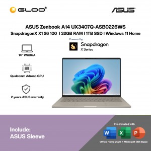 ASUS Zenbook A14 UX3407Q-ASB0226WS Laptop (SnapdragonX X1 26 100 | 14” WUXGA | 32GB RAM | 1TB SSD | Qualcomm Adreno GPU | Windows 11 Home | Office Home 2024 + Office 365)