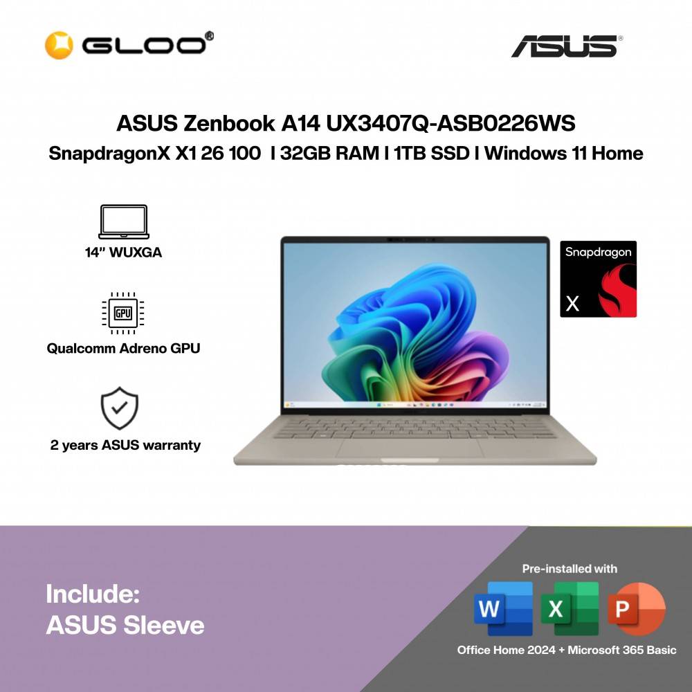 ASUS Zenbook A14 UX3407Q-ASB0226WS Laptop (SnapdragonX X1 26 100 | 14” WUXGA | 32GB RAM | 1TB SSD | Qualcomm Adreno GPU | Windows 11 Home | Office Home 2024 + Office 365)