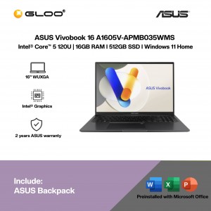 ASUS Vivobook 16 A1605V-APMB035WMS Laptop (Intel® Core™ 5 120U | 16" WUXGA | 16GB RAM | 512GB SSD | Intel® Graphics | Windows 11 Home |Microsoft Office Home 2024 + Microsoft 365)