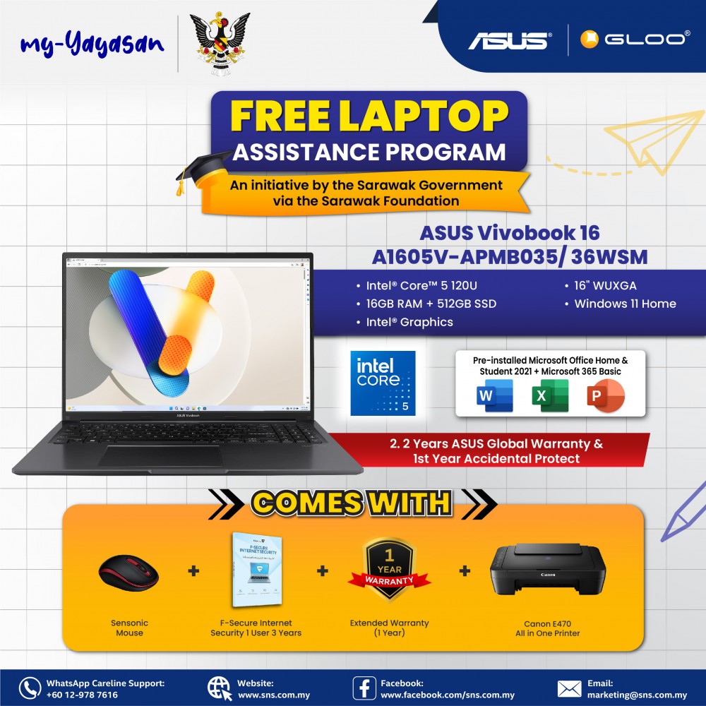 (my-Yayasan) ASUS Vivobook 16 A1605V-APMB035WSM Laptop (Intel® Core™ 5 Processor 120U | 16”WUXGA | 16GB RAM | 512GB SSD | Intel® Graphics | Windows 11 Home | Office Home & Student + Offie 365)