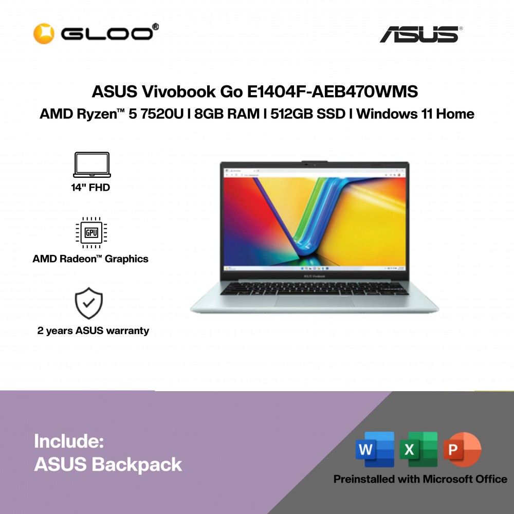 ASUS Vivobook Go E1404F-AEB470WMS Laptop (AMD Ryzen™ 5 7520U | 14" FHD | 16GB RAM | 512GB SSD | AMD Radeon™ Graphics | Windows 11 Home |Microsoft Office Home 2024 + Microsoft 365)