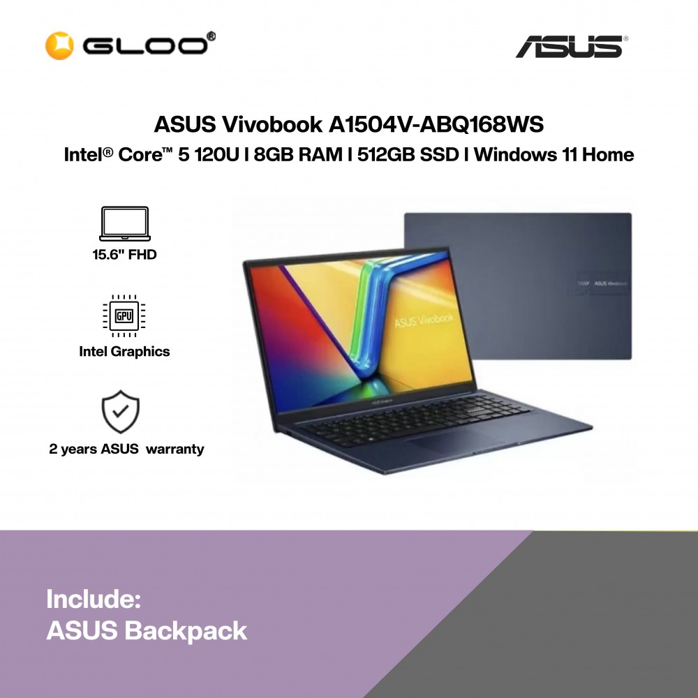 ASUS Vivobook A1504V-ABQ168WS Laptop (Intel® Core™ 5 120U | 15.6" FHD | 8GB RAM | 512GB SSD | Intel Graphics | Windows 11 Home | Microsoft Office Home 2024  + Microsoft 365 Basic)