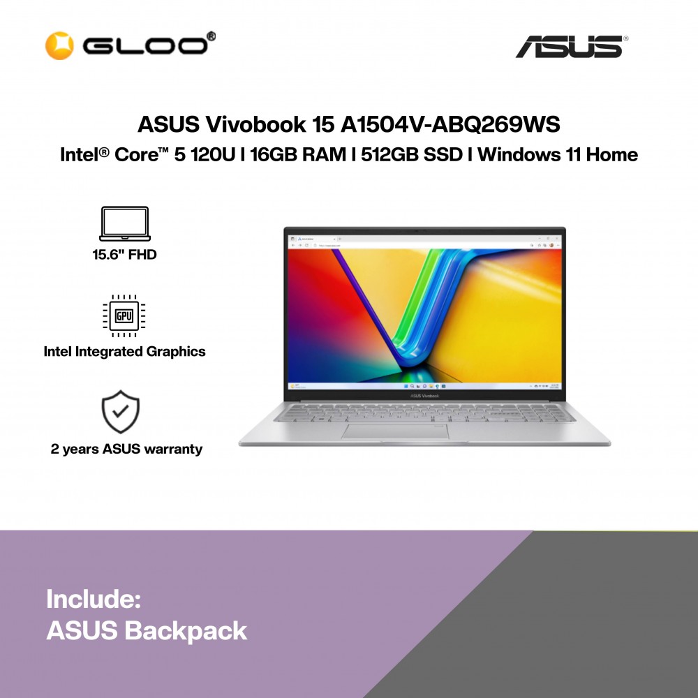 ASUS Vivobook 15 A1504V-ABQ269WS Laptop (Intel Core 5-120U | 15.6" FHD | 16GB RAM | 512GB SSD | Intel Graphics | Windows 11 Home | Microsoft Office Home 2024 + Microsoft 365 Basic | Silver)