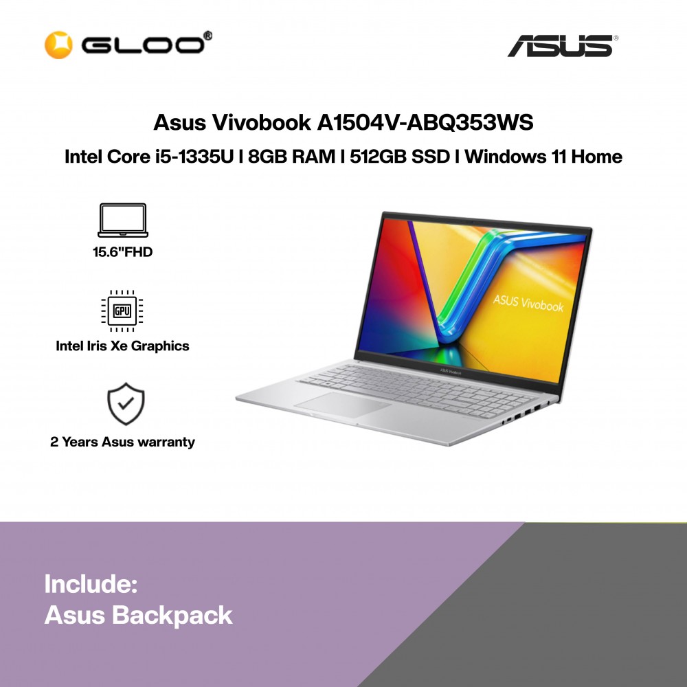 [Pre-order] Asus Vivobook A1504V-ABQ353WS Laptop (i5-1335U,8GB,512GB SSD,Intel Iris Xe,H&S,15.6"FHD,W11H,Silver) [ETA:3-5 working days]