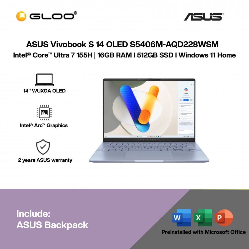 ASUS Vivobook S 14 OLED S5406M-AQD228WSM Laptop (Intel® Core™ Ultra 7 155H | 14" WUXGA OLED | 16GB RAM | 512GB SSD | Intel® Arc™ Graphics | Windows 11 Home |Microsoft Office Home & Student + Microsoft 365)