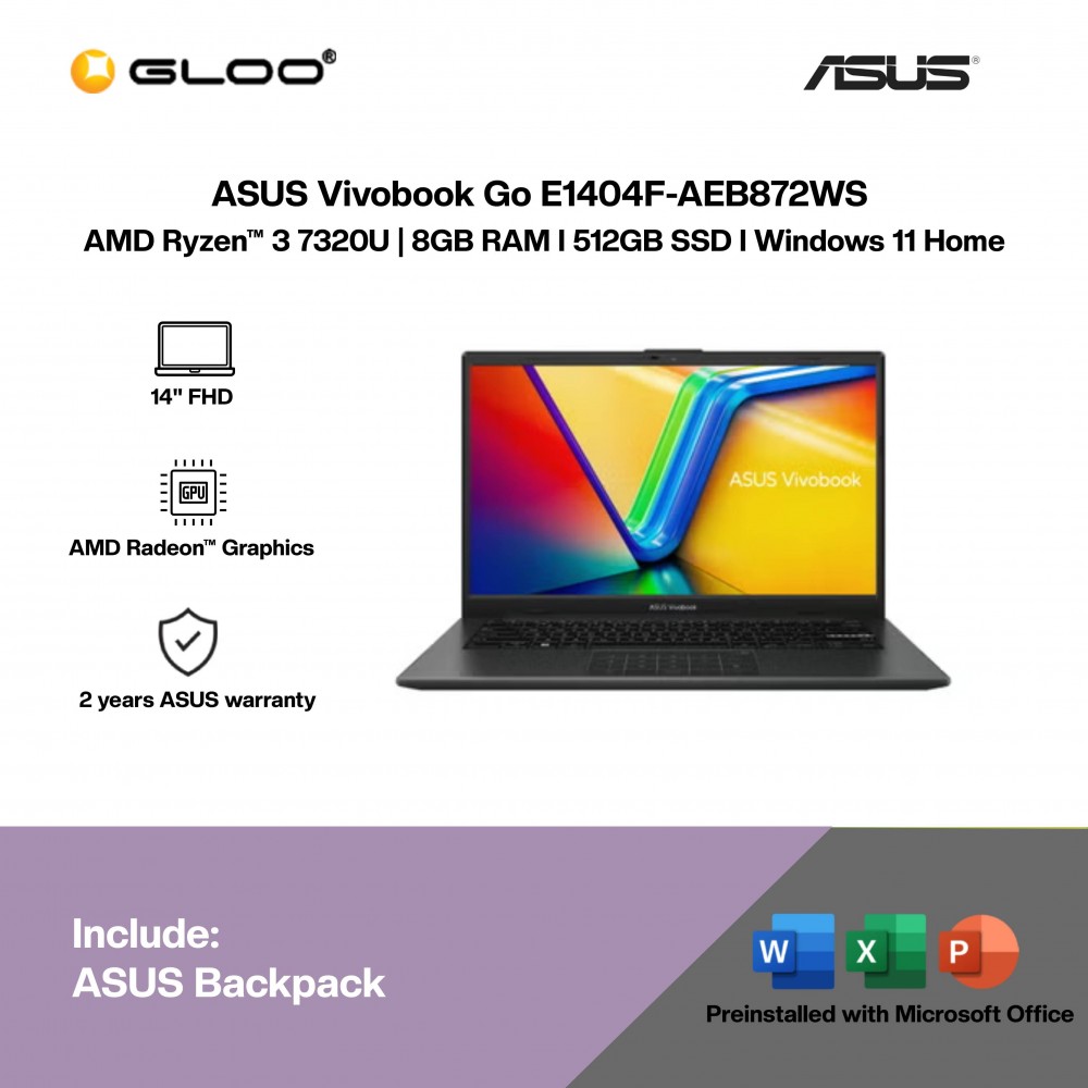 ASUS Vivobook Go E1404F-AEB872WS Laptop (AMD Ryzen™ 3 7320U | 14" FHD | 8GB RAM | 512GB SSD | AMD Radeon™ Graphics | Windows 11 Home |Microsoft Office Home 2024 + Microsoft 365)