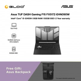 Asus TUF DASH Gaming F15 FX517Z-EHN090W Gaming Laptop (i5-12450H,8GB,512GB SSD,RTX3050Ti 4GB,15.6"FHD,W11H,Black)