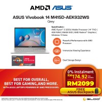 [Pre-order] Asus Vivobook 14 M415D-AEK932WS Laptop (R3-3250U,4GB,256GB SSD,AMD Radeon Graphics,H&S,14"FHD,W11H,Grey) [ETA: 3-5 working days]