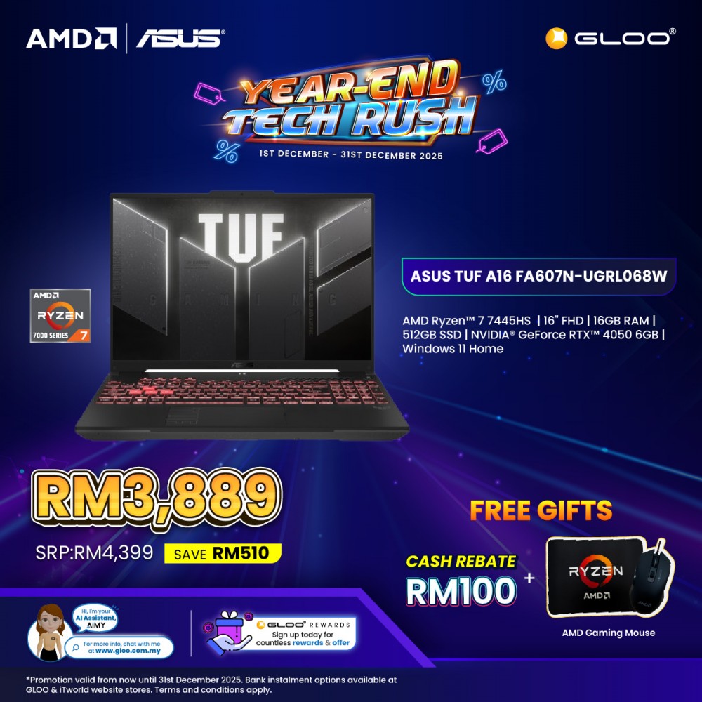 ASUS TUF A16 FA607N-UGRL068W Gaming Laptop (AMD Ryzen™ 7 7445HS | 16" FHD+ | 16GB RAM | 512GB SSD | NVIDIA® GeForce RTX™ 4050 6GB | Windows 11 Home)