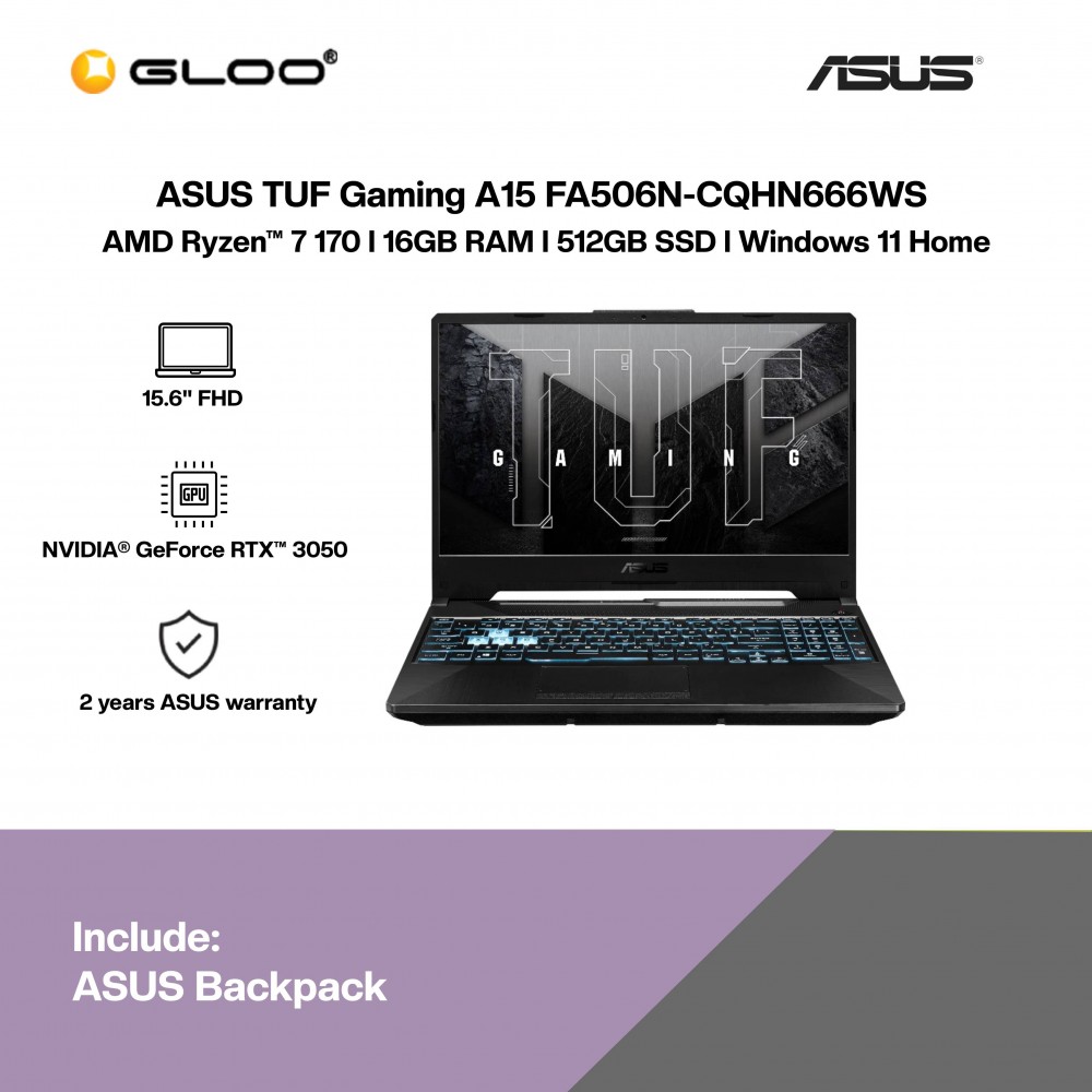 ASUS TUF Gaming A15 FA506N-CQHN666WS Gaming Laptop (AMD Ryzen™ 7 170 |15.6" FHD | 16GB RAM | 512GB SSD | NVIDIA® GeForce RTX™ 3050 | Windows 11 Home | Preinstalled with Microsoft Office Home 2024 + Microsoft 365 Basic)