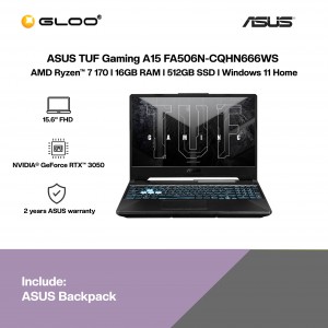 ASUS TUF Gaming A15 FA506N-CQHN666WS Gaming Laptop (AMD Ryzen™ 7 170 |15.6" FHD | 16GB RAM | 512GB SSD | NVIDIA® GeForce RTX™ 3050 | Windows 11 Home | Preinstalled with Microsoft Office Home 2024 + Microsoft 365 Basic)