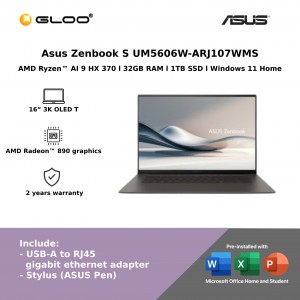 Asus Zenbook S UM5606W-ARJ107WMS (AMD Ryzen AI 9 HX 370 | 16” 3K OLED T | 32GB RAM | 1TB SSD | AMD Radeon 890M Graphics | Windows 11 Home)
