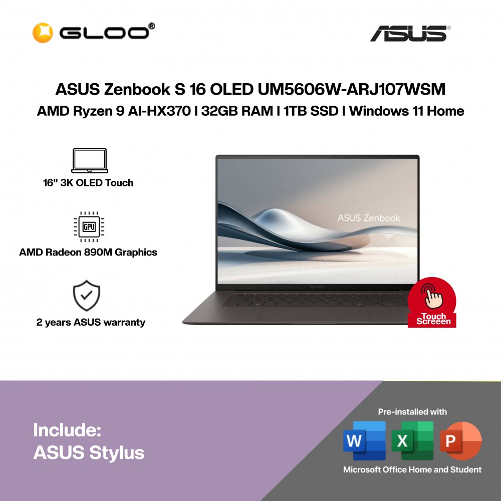 ASUS Zenbook S 16 OLED UM5606W-ARJ107WSM Laptop (AMD Ryzen 9 AI-HX370 | 16" 3K OLED Touch | 32GB RAM | 1TB SSD |AMD Radeon 890M Graphics | Windows 11 Home | Office Home & Student + Office 365)