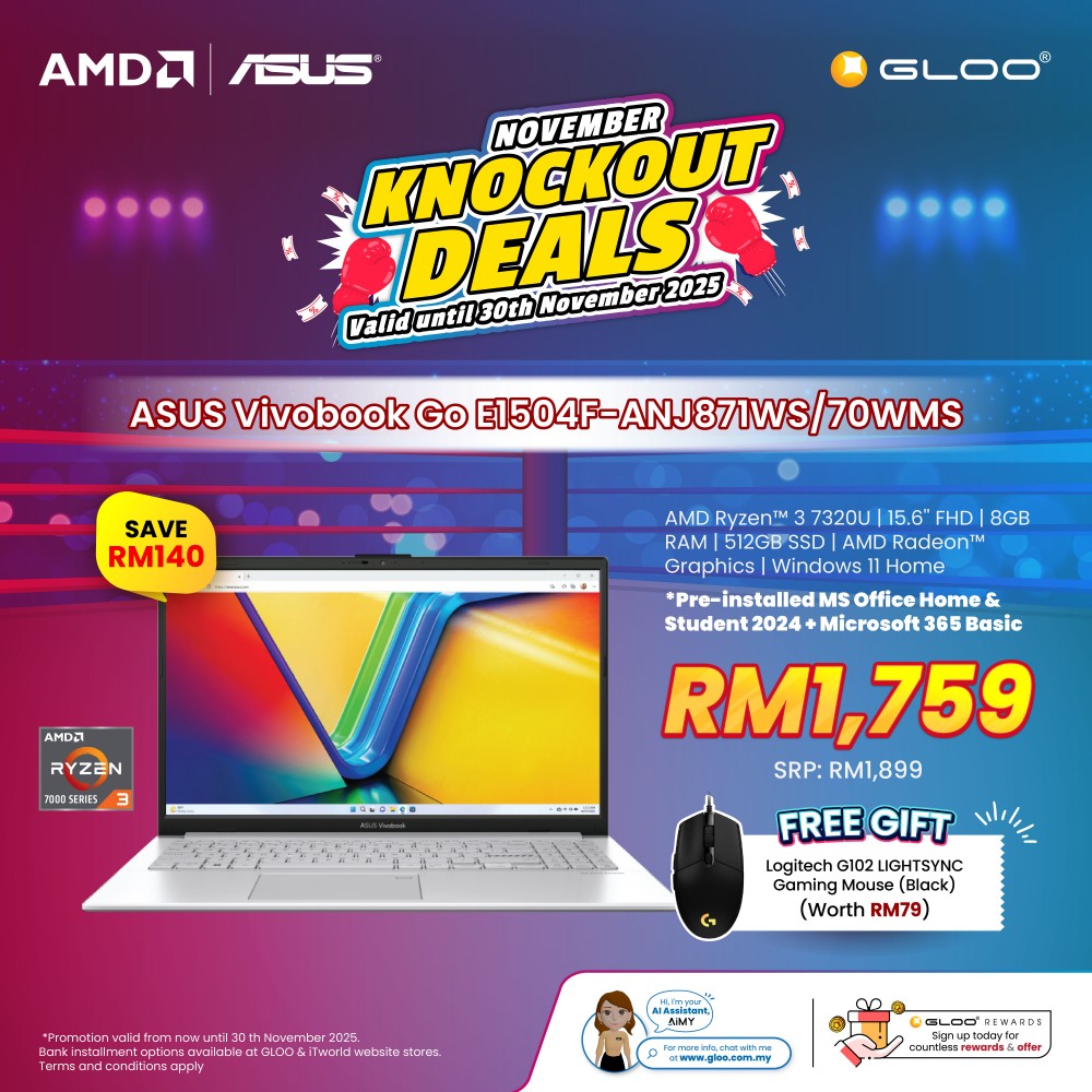 ASUS Vivobook Go E1504F-ANJ871WMS Laptop (AMD Ryzen™ 3 7320U | 15.6" FHD | 8GB RAM | 512GB SSD | AMD Radeon™ Graphics | Windows 11 Home |Microsoft Office Home 2024 + Microsoft 365)