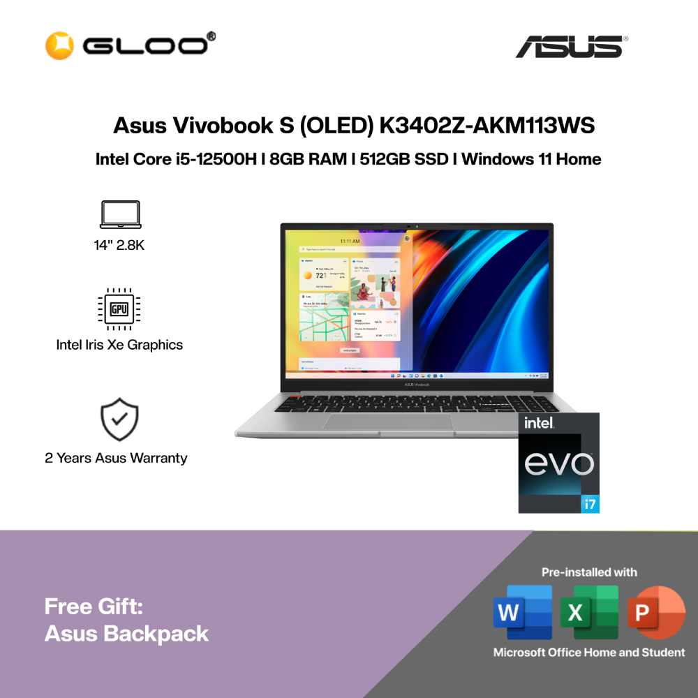 [Intel EVO] [Pre-order] Asus Vivobook S (OLED) K3402Z-AKM113WS Laptop (i5-12500H,8GB,512GB SSD,Intel Iris Xe,H&S,14"2.8K,W11H,Grey)