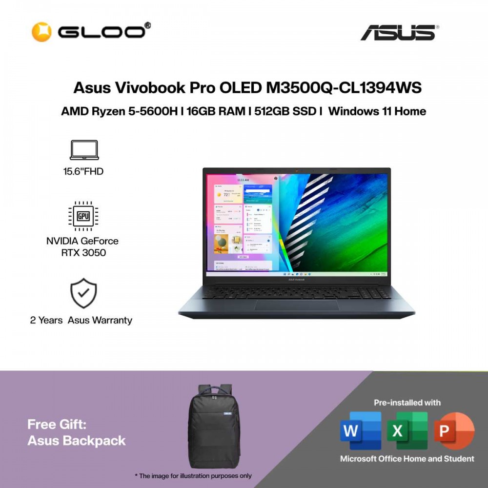[NVIDIA l Pre-order] Asus Vivobook Pro OLED M3500Q-CL1394WS Laptop (NVIDIA® GeForce RTX® 3050 with GDDR6 4GB,R5-5600H,16GB,512GB,15.6"FHD,H&S,W11,Quiet Blue) [ETA: 3-5 working days]