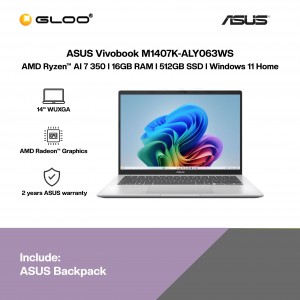 ASUS Vivobook M1407K-ALY063WS Laptop (AMD Ryzen AI 7 350 | 14" WUXGA | 16GB RAM | 512GB SSD | AMD Radeon Graphics | Windows 11 Home | Microsoft Office Home 2024 + Microsoft 365 Basic)
