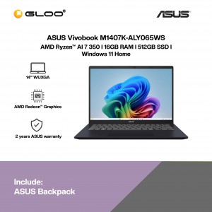 ASUS Vivobook M1407K-ALY065WS Laptop (AMD Ryzen AI 7 350 | 14" WUXGA | 16GB RAM | 512GB SSD | AMD Radeon Graphics | Windows 11 Home | Office Home & Student+M365)