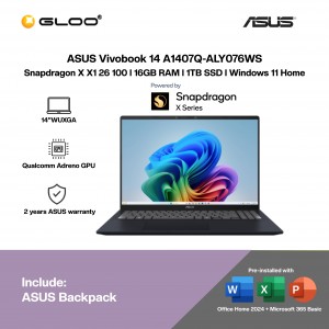 ASUS Vivobook 14 A1407Q-ALY076WS Laptop (Snapdragon X X1 26 100 | 14” WUXGA | 16GB RAM | 1TB SSD | Qualcomm Adreno GPU | Windows 11 Home | Office Home 2024 + Office 365)
