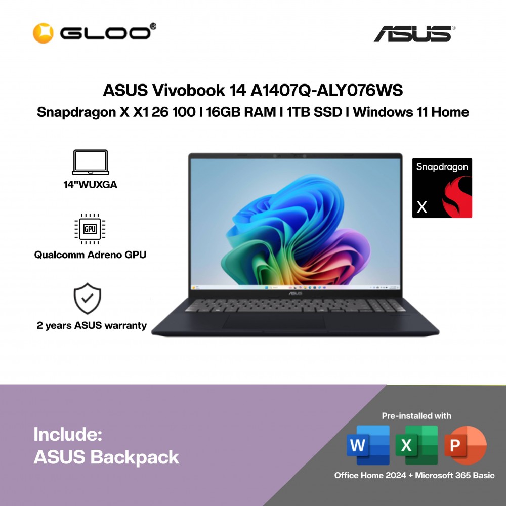 ASUS Vivobook 14 A1407Q-ALY076WS Laptop (Snapdragon X X1 26 100 | 14” WUXGA | 16GB RAM | 1TB SSD | Qualcomm Adreno GPU | Windows 11 Home | Office Home 2024 + Office 365)