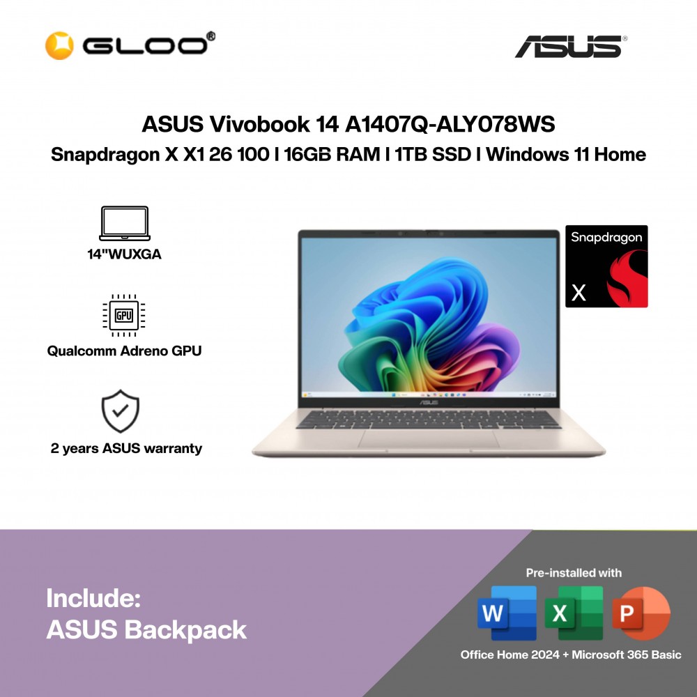 ASUS Vivobook 14 A1407Q-ALY078WS Laptop (Snapdragon X X1 26 100 | 14” WUXGA | 16GB RAM | 1TB SSD | Qualcomm Adreno GPU | Windows 11 Home | Office Home 2024 + Office 365)