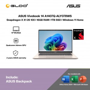 ASUS Vivobook 14 A1407Q-ALY078WS Laptop (Snapdragon X X1 26 100 | 14” WUXGA | 16GB RAM | 1TB SSD | Qualcomm Adreno GPU | Windows 11 Home | Office Home 2024 + Office 365)
