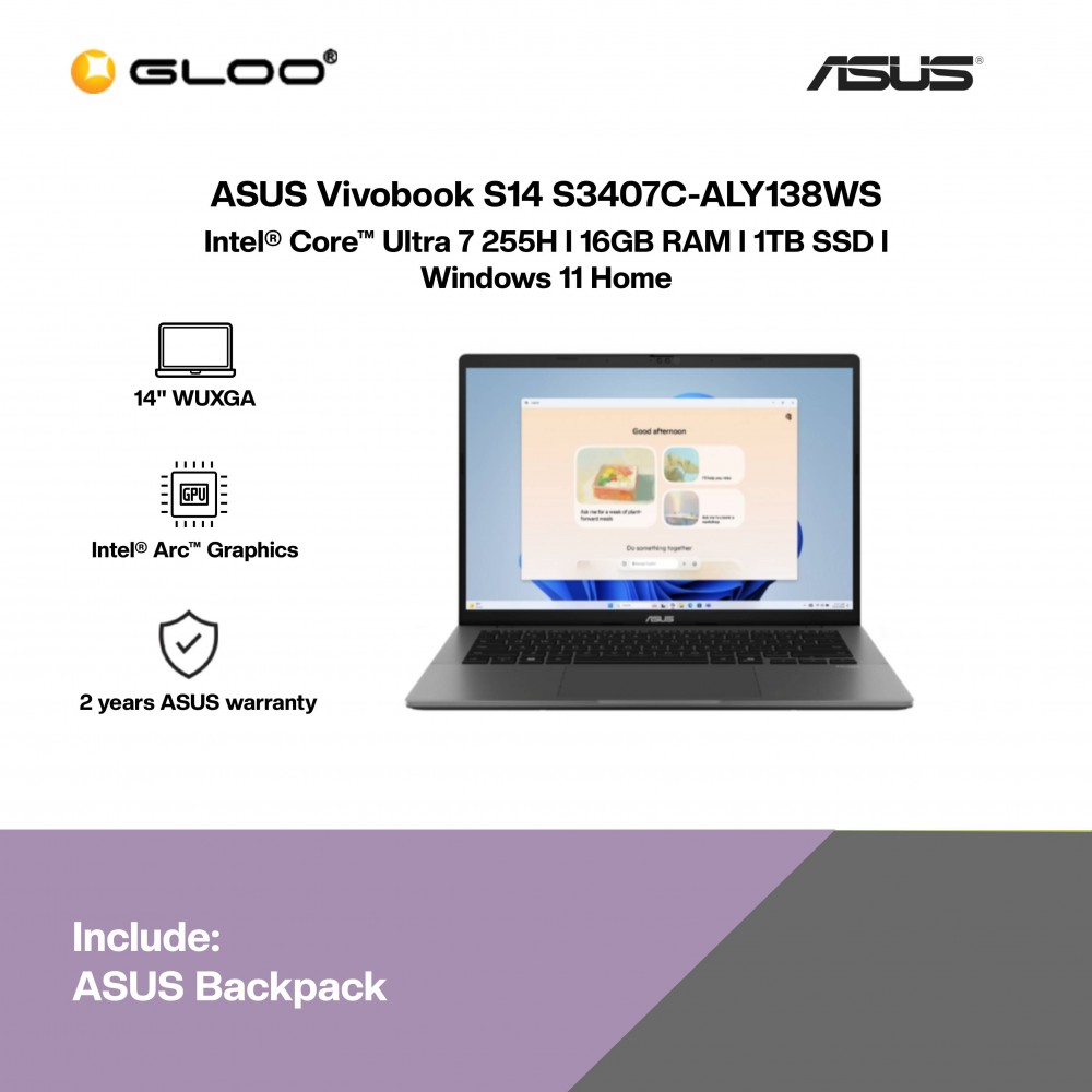 ASUS Vivobook S14 S3407C-ALY138WS Laptop (Intel Core Ultra 7-255H | 14" WUXGA | 16GB RAM | 1TB SSD | Intel Arc Graphics | Windows 11 Home | Office Home & Student + M365)