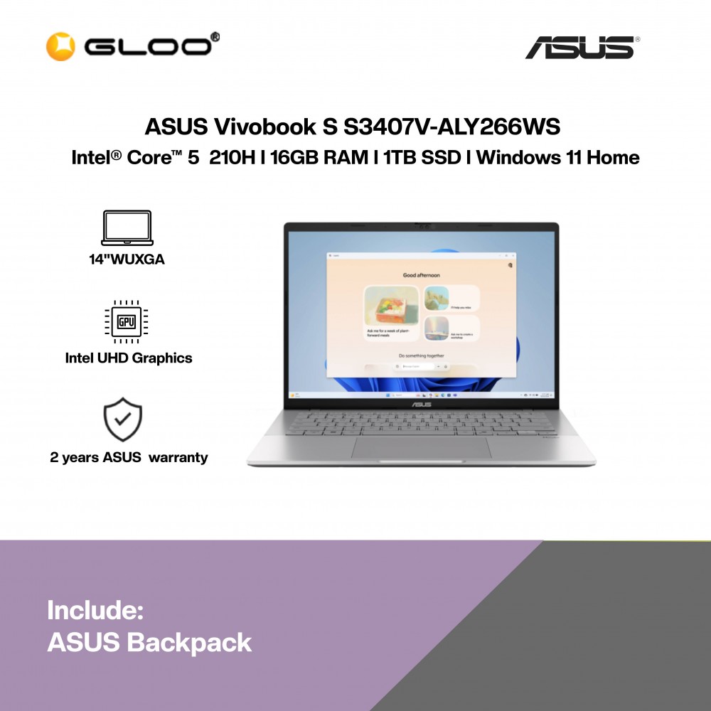 ASUS Vivobook S S3407V-ALY266WS Laptop (Intel® Core™ 5 Processor 210H | 14"WUXGA | 16GB RAM | 1TB SSD | Intel UHD Graphics | Windows 11 Home | Microsoft Office Home 2024 + Microsoft 365 Basic)