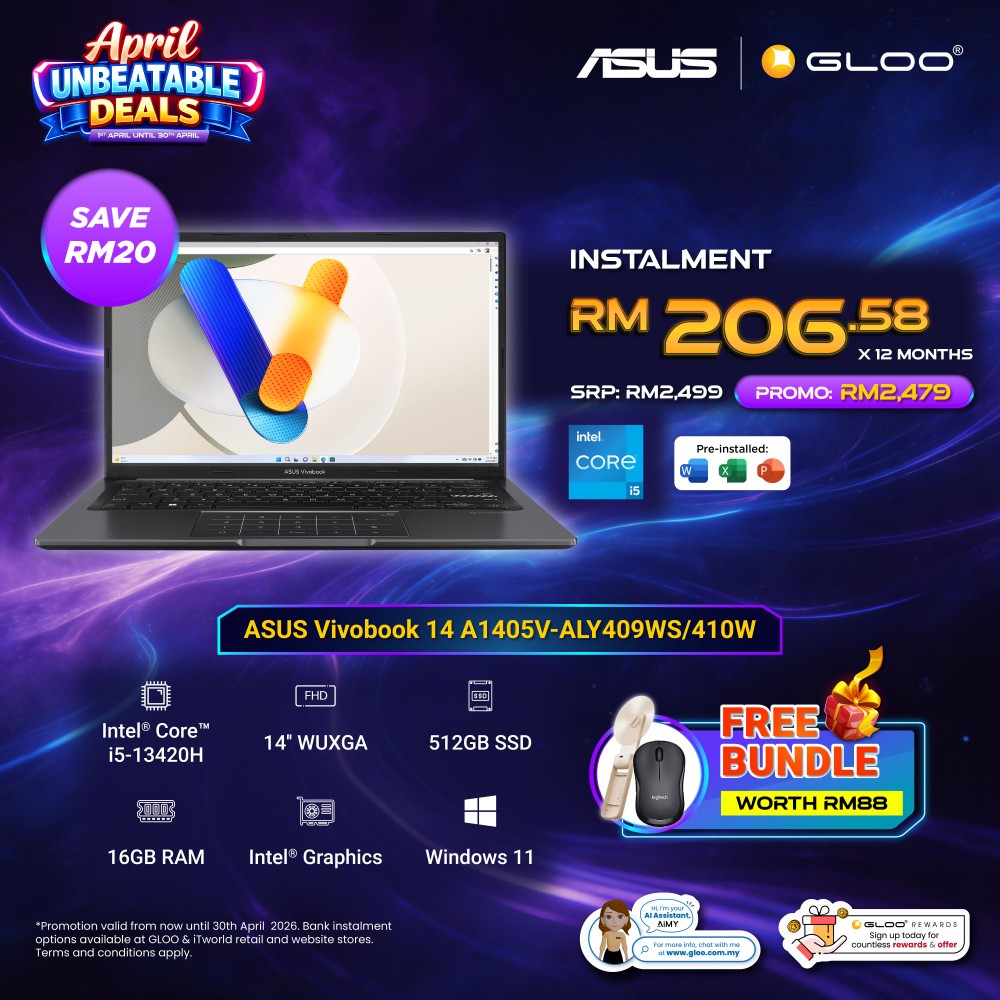 ASUS Vivobook 14 A1405V-ALY409WS Laptop (Intel® Core™ i5-13420H |14" WUXGA | 16GB RAM | 512GB SSD | Intel® UHD Graphics | Windows 11 Home | Preinstalled with Microsoft Office Home 2024 + Microsoft 365 Basic)