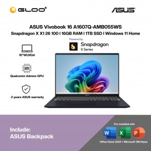 ASUS Vivobook 16 A1607Q-AMB055WS Laptop (Snapdragon X X1 26 100 |16"WUXGA | 16GB RAM | 1TB SSD | Qualcomm Adreno GPU | Windows 11 Home | Office Home 2024 + Office 365)