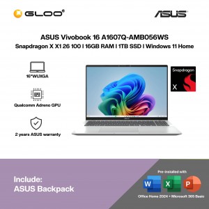ASUS Vivobook 16 A1607Q-AMB056WS Laptop (Snapdragon X X1 26 100 |16"WUXGA | 16GB RAM | 1TB SSD | Qualcomm Adreno GPU | Windows 11 Home | Office Home 2024 + Office 365)