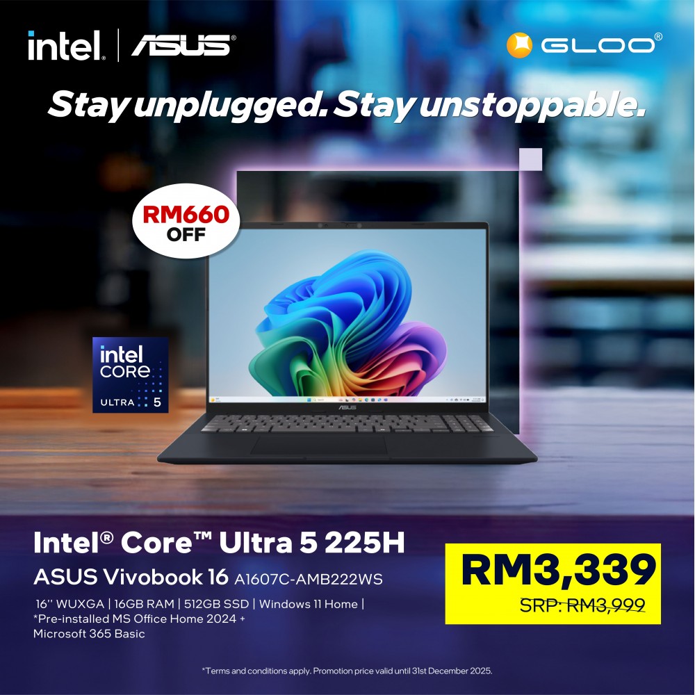 ASUS Vivobook A1607C-AMB222WS Laptop (Intel® Core™ Ultra 5 225H | 16" WUXGA | 16GB RAM | 512GB SSD | Intel® Graphics | Windows 11 Home |Microsoft Office Home 2024 + Microsoft 365)