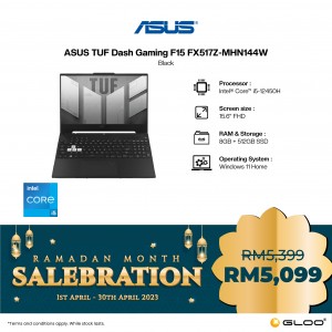 [NVIDIA l Pre-order] Asus TUF Dash Gaming F15 FX517Z-MHN144W Gaming Laptop (NVIDIA® GeForce RTX™ RTX3060 6GB,i5-12450H,8GB,512GB SSD,15.6"FHD,W11H,Black)[ETA:3-5 working days]