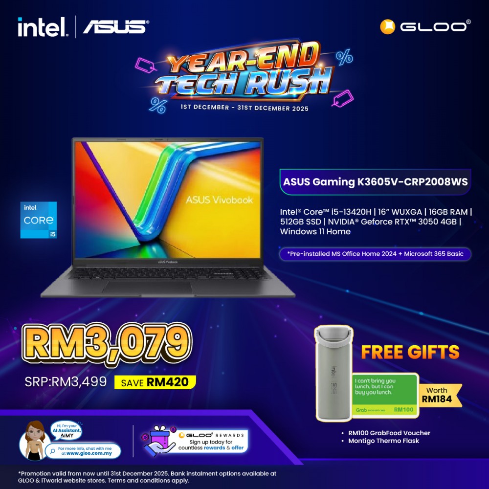 ASUS Gaming K3605V-CRP2008WS Gaming Laptop (Intel® Core™ i5-13420H | 16" WUXGA | 16GB RAM | 512GB SSD | NVIDIA® GeForce RTX™ 3050 4GB | Windows 11 Home |Microsoft Office Home 2024 + Microsoft 365)