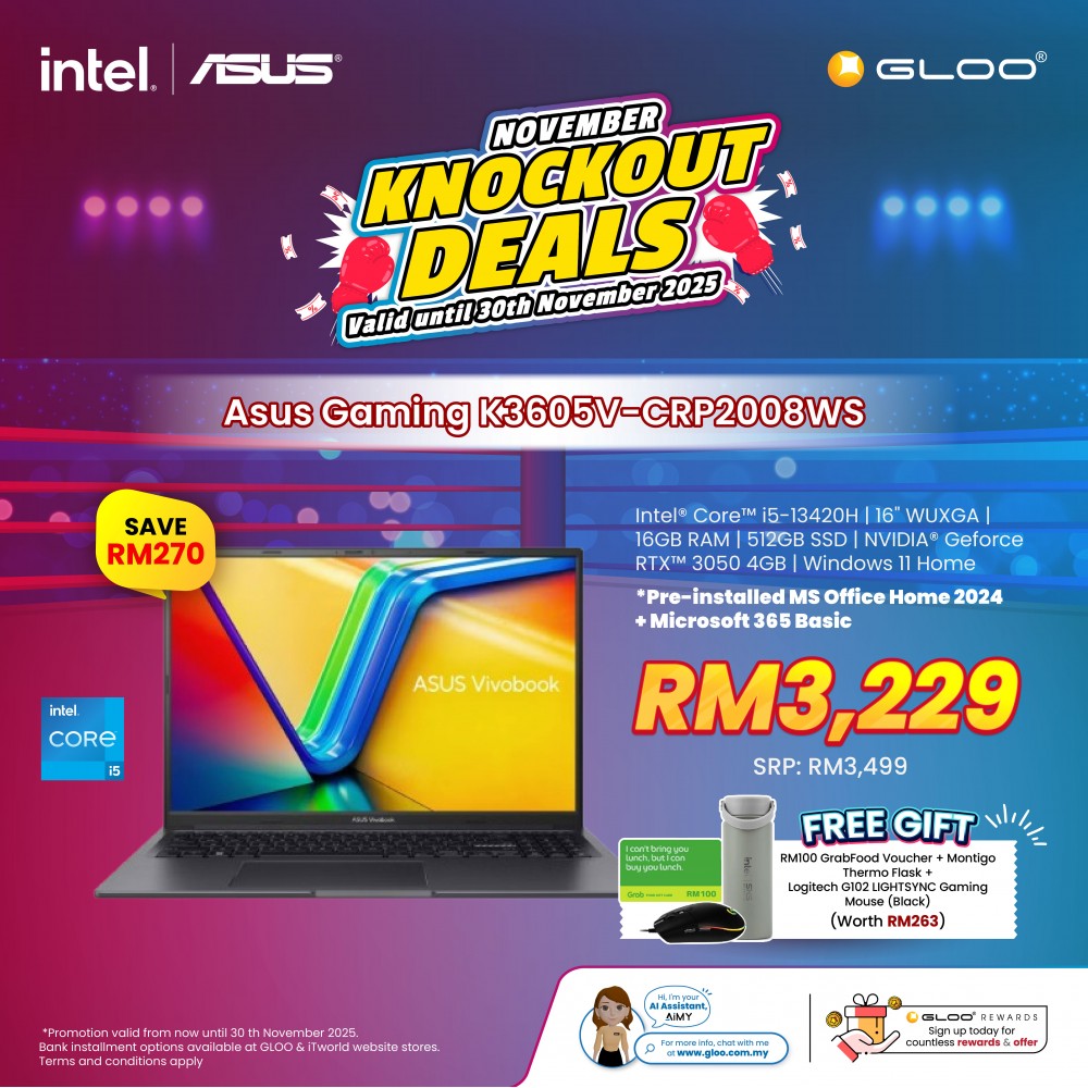 ASUS Gaming K3605V-CRP2008WS Gaming Laptop (Intel® Core™ i5-13420H | 16" WUXGA | 16GB RAM | 512GB SSD | NVIDIA® GeForce RTX™ 3050 4GB | Windows 11 Home |Microsoft Office Home 2024 + Microsoft 365)