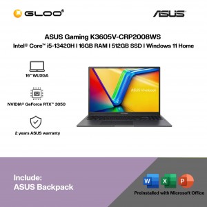 ASUS Gaming K3605V-CRP2008WS Gaming Laptop (Intel® Core™ i5-13420H | 16" WUXGA | 16GB RAM | 512GB SSD | NVIDIA® GeForce RTX™ 3050 4GB | Windows 11 Home |Microsoft Office Home 2024 + Microsoft 365)