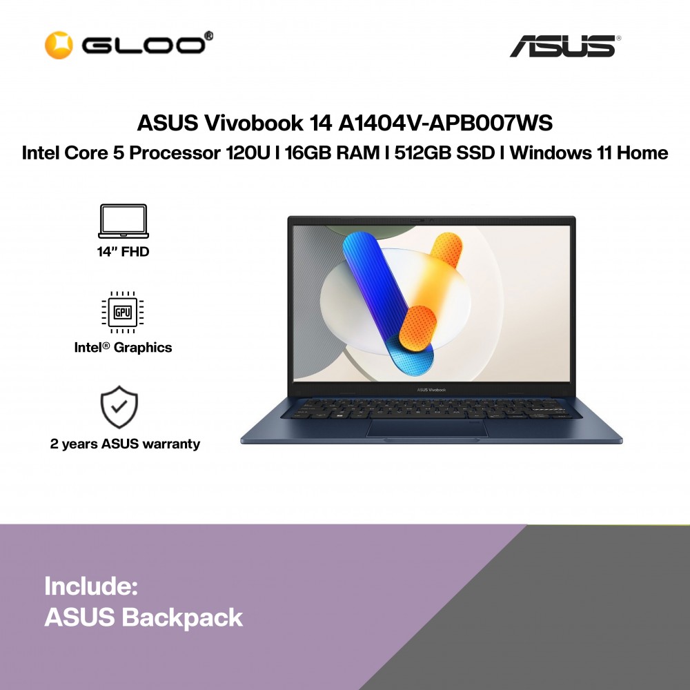 ASUS Vivobook 14 A1404V-APB007WS (C5-120U,16GB,512GB SSD,Intel Graphics,H&S,14” FHD,W11H,Blue,2Y)