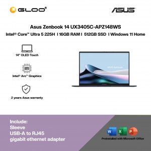 ASUS Zenbook 14 UX3405C-APZ148WS Laptop (Intel® Core™ Ultra 5 225H  | 14” OLED Touch | 16GB RAM | 512GB SSD | Intel® Arc™ Graphics | Windows 11 Home | Microsoft Office Home & Student 2024 + Microsoft 365 Basic