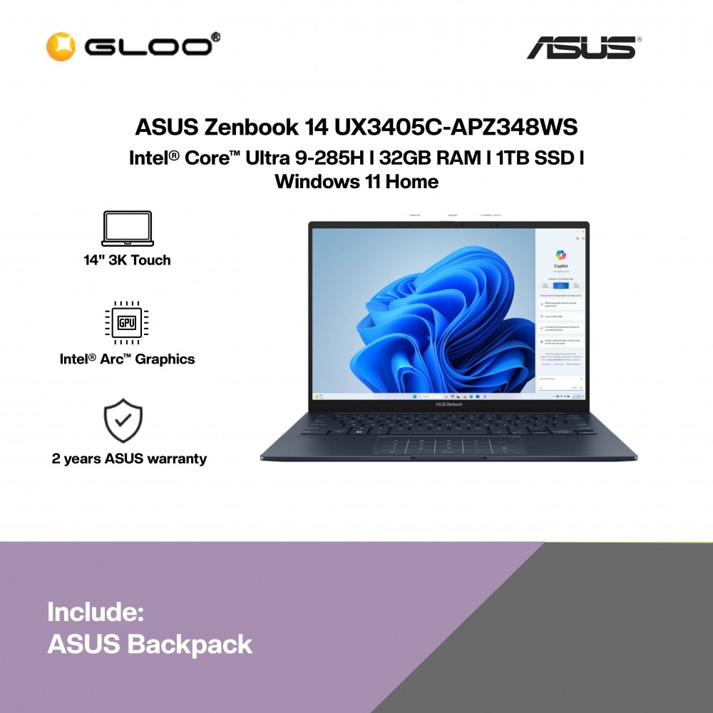 ASUS Zenbook 14 UX3405C-APZ348WS Laptop (Intel Core Ultra 9-285H | 14" 3K OLED T | 32GB RAM | 1TB SSD | Intel Arc Graphics | Windows 11 Home | Office Home & Student +M365)