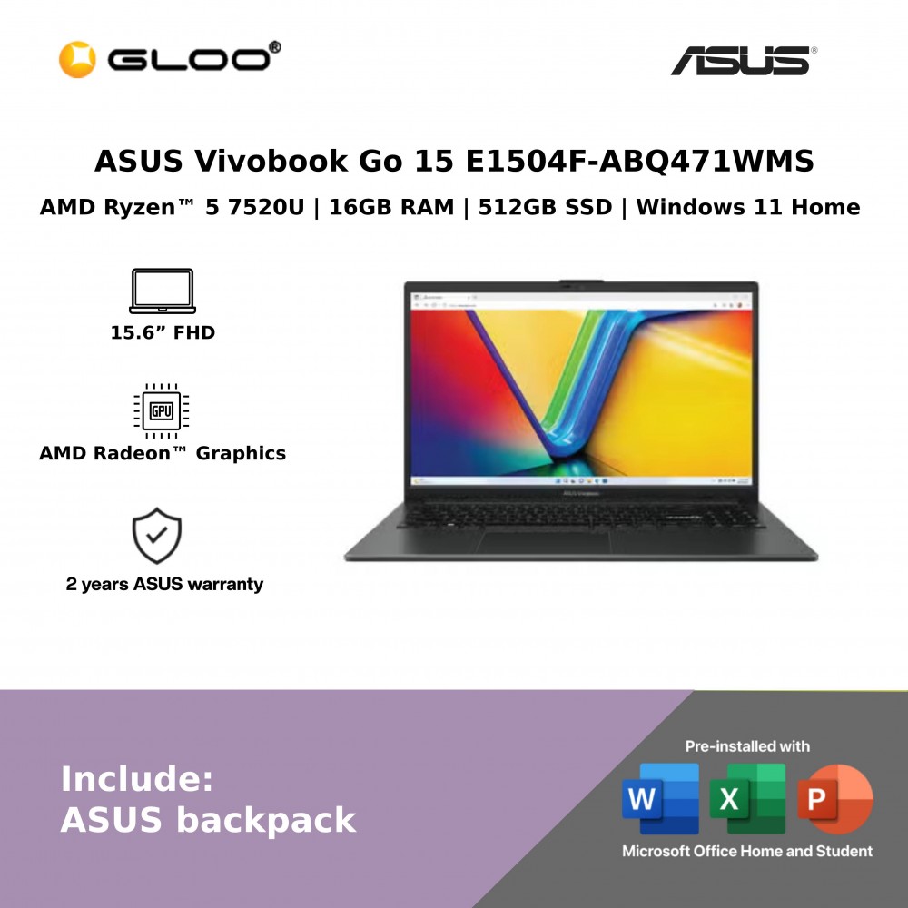 ASUS Vivobook Go 15 E1504F-ABQ471WMS Laptop (AMD Ryzen™ 5 7520U | 15.6"FHD | 16GB RAM | 512GB SSD | AMD Radeon™ Graphics | Windows 11 Home) 