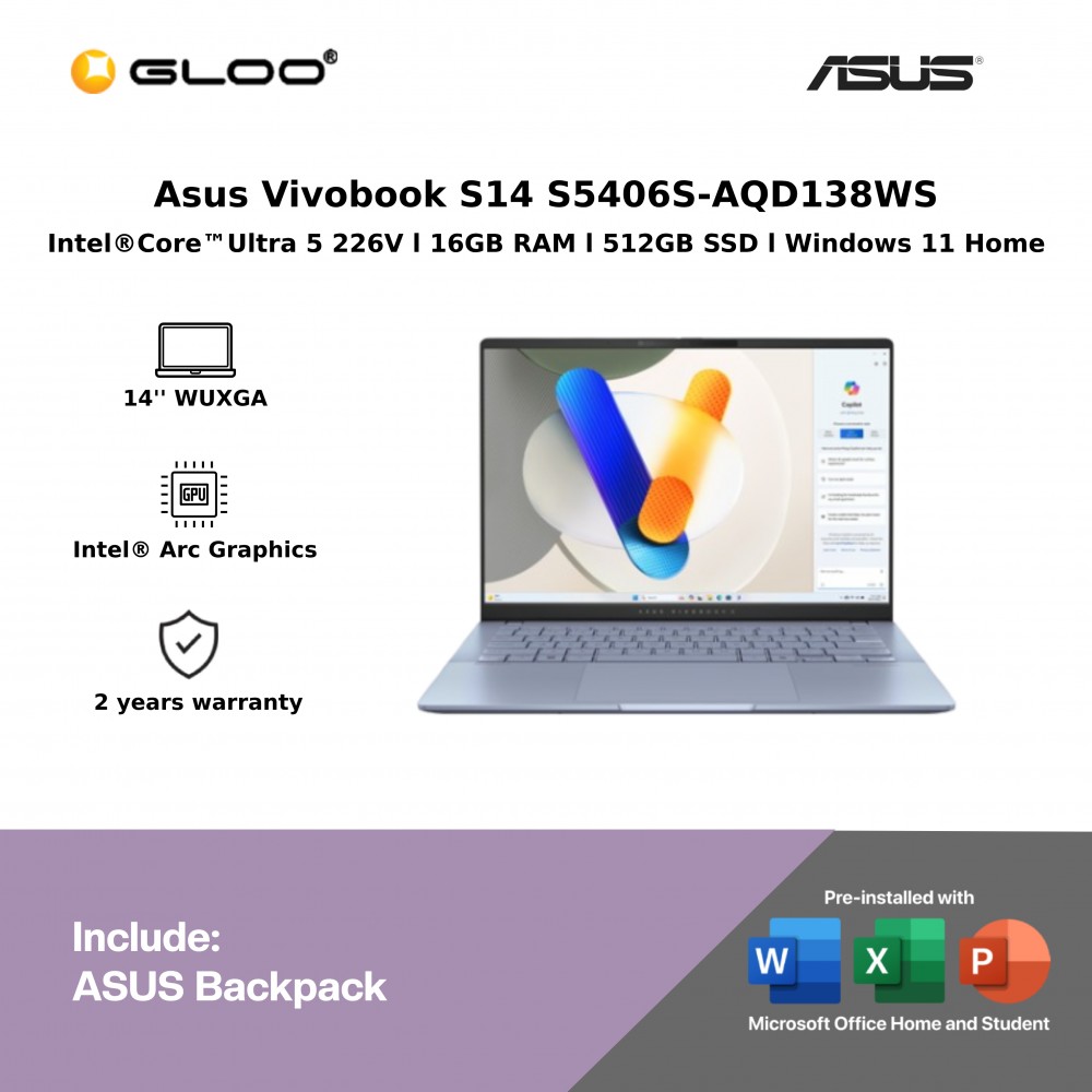 Asus Vivobook S14 S5406S-AQD138WS (Intel Core Ultra 5-226V | 14"WUXGA OLED | 16GB RAM | 512GB SSD | Intel Arc Graphics | Windows 11 Home)