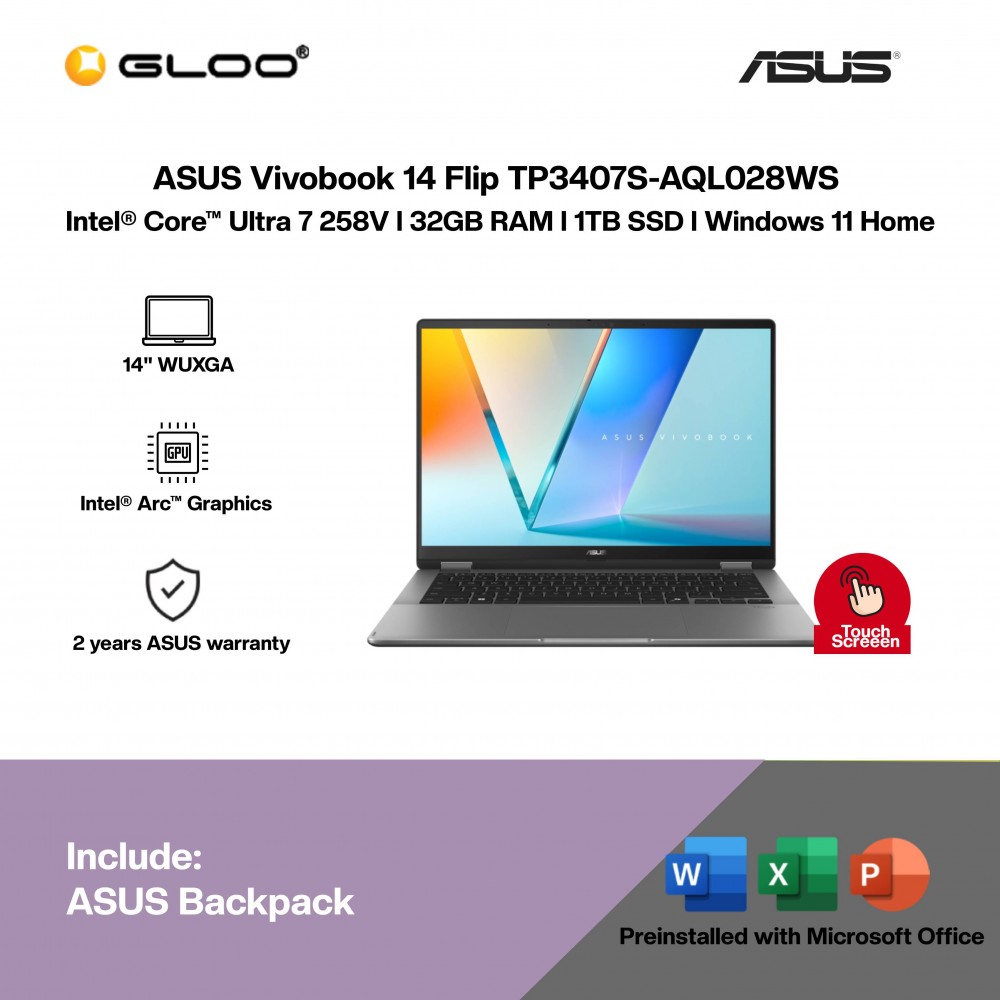 ASUS Vivobook 14 Flip TP3407S-AQL028WS Laptop (Intel® Core™ Ultra 7 258V | 14" WUXGA Touch | 32GB RAM | 1TB SSD | Intel® Arc™ Graphics | Windows 11 Home |Microsoft Office Home 2024 + Microsoft 365)