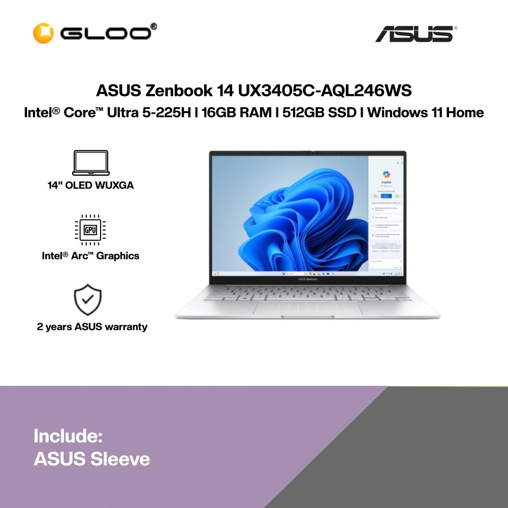 ASUS Zenbook 14 UX3405C-AQL246WS Laptop (Intel® Core™ Ultra 5 225H | 14" WUXGA OLED Touch | 16GB RAM | 512GB SSD | Intel® Arc™ Graphics | Windows 11 Home | Microsoft Office Home 2024 + Microsoft 365 Basic)