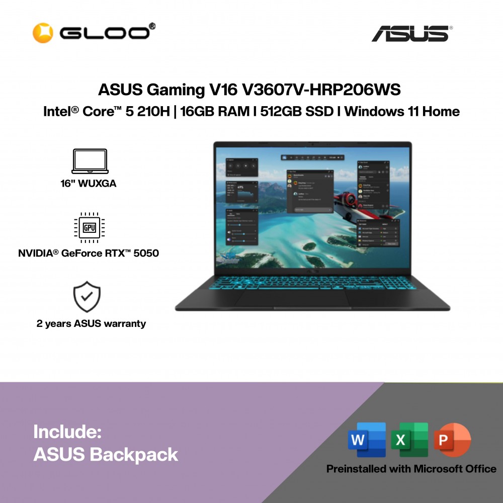 ASUS Gaming V16 V3607V-HRP206WS Gaming Laptop (Intel® Core™ 5 210H | 16" WUXGA | 16GB RAM | 512GB SSD | NVIDIA® GeForce RTX™ 5050 8GB | Windows 11 Home |Microsoft Office Home 2024 + Microsoft 365)