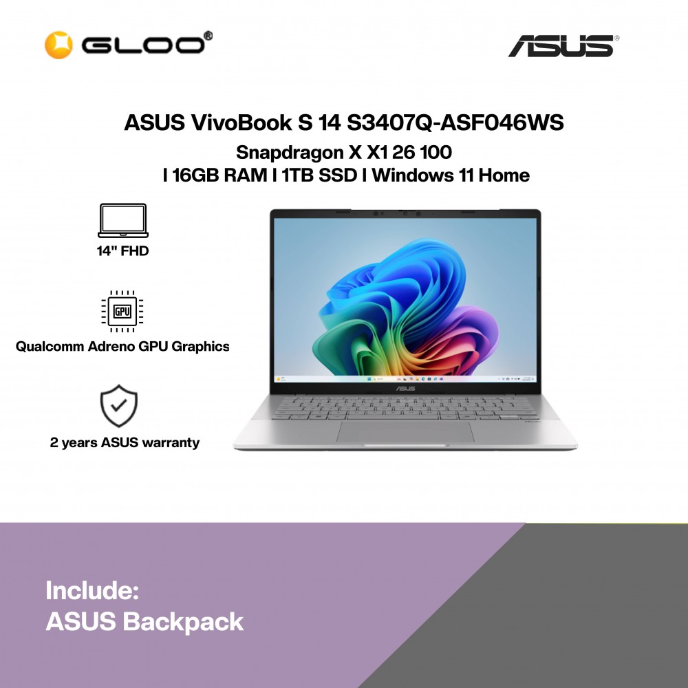 [Pre-order] ASUS VivoBook S 14 S3407Q-ASF046WS Laptop (SD X126100,16GB,1TB,14",W11,SIL,H&S+M365) [ETA:6-8 working weeks if no delay]