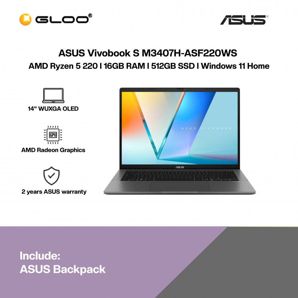 ASUS Vivobook S M3407H-ASF220WS Laptop (AMD Ryzen 5 220 | 14" WUXGA OLED | 16GB RAM | 512GB SSD | AMD Radeon Graphics | Windows 11 Home | Microsoft Office Home 2024 + Microsoft 365 Basic | Gray)