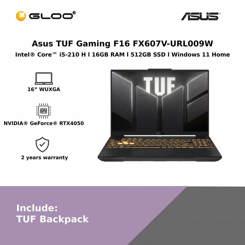 Asus TUF Gaming F16 FX607V-URL009W (Intel Core i5-210 H | 16” WUXGA | 16GB RAM | 512GB SSD | Nvidia GeForce RTX4050 | Windows 11 Home) 