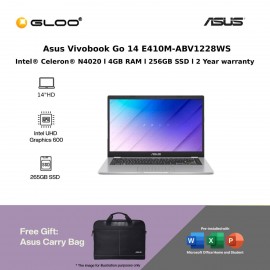 [Pre-order] Asus Vivobook Go 14 E410M-ABV1228WS Laptop Dreamy White (Celeron N4020,4GB,256GB SSD,Intel UHD Graphics 600,14"HD,W11H) [FREE] Asus Carry Bag + Pre-installed with Microsoft Office Home and Student[ ETA: 3-5 Working Days]
