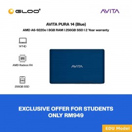 [Ready stock] AVITA PURA 14 Notebook (A6-9220E,8GB,256GB SSD,AMD Radeon,14" HD,W10,Water Blue)